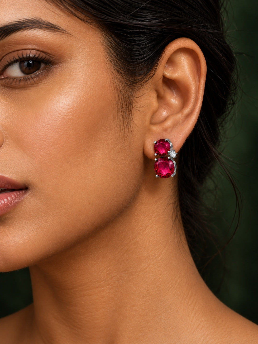 Niska ruby red AD Stone Silver Replica earrings worn by model, featured image