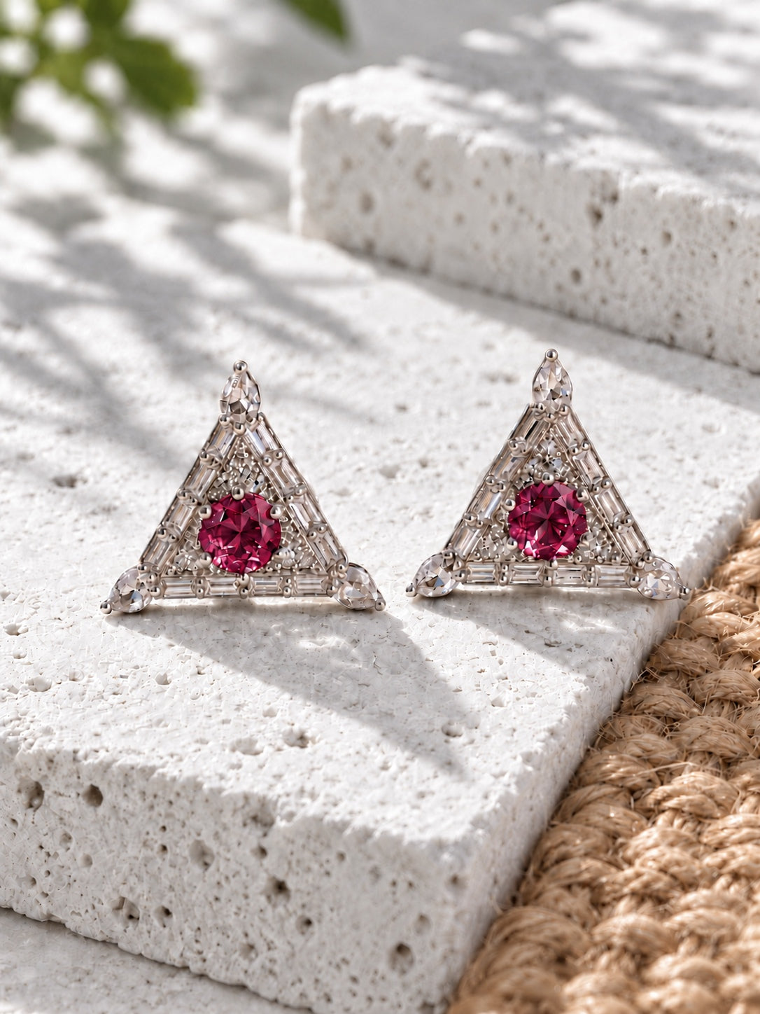 Niska dark pink AD Stone Silver Replica triangle earrings product view 2