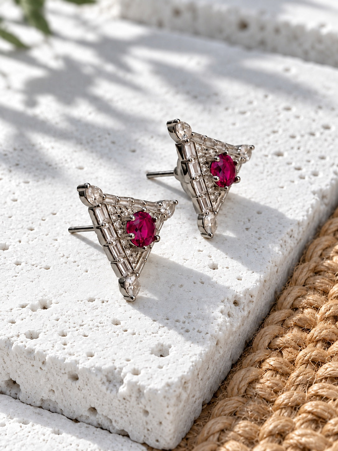 Niska dark pink AD Stone Silver Replica triangle earrings product view 3