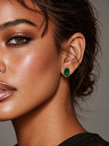 Niska green oval AD Stone Silver replica stud earring worn by model