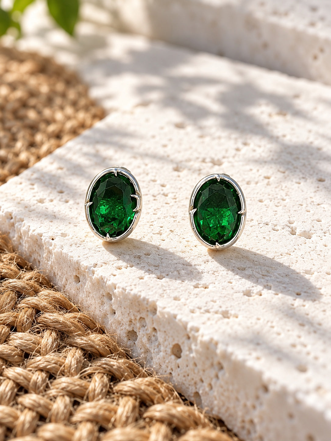 Niska green oval AD Stone Silver replica stud earring worn by model