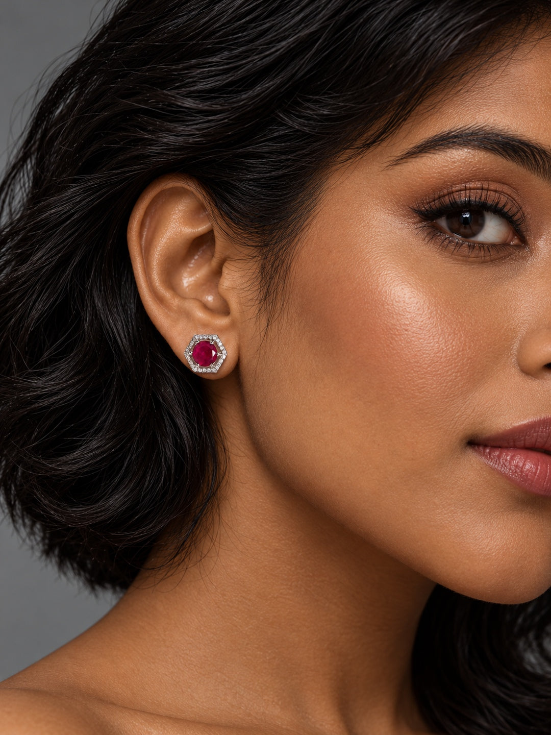 Niska rich pink AD Stone Silver replica hexagonal stud earrings worn by model