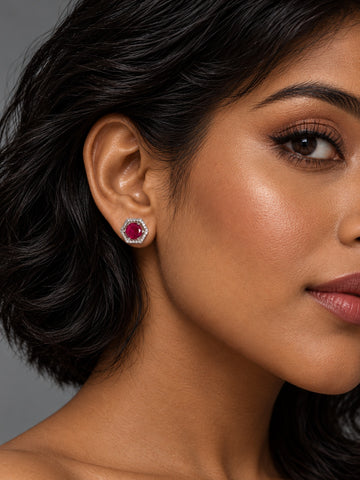 Niska rich pink AD Stone Silver replica hexagonal stud earrings worn by model