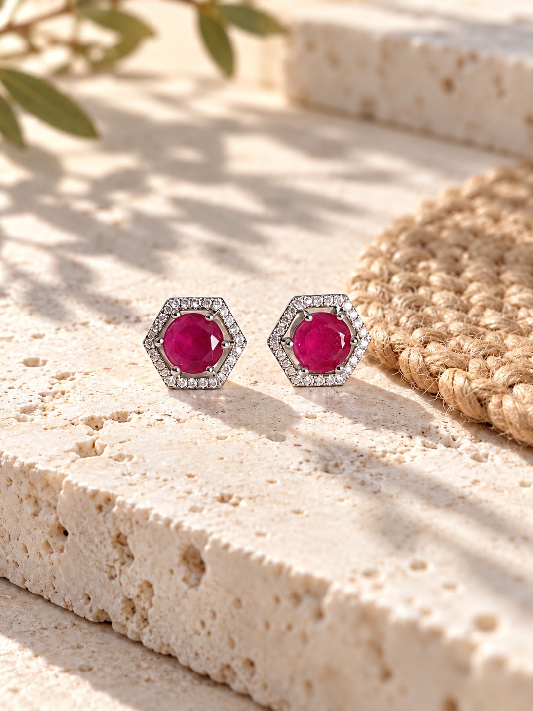Niska rich pink AD Stone Silver replica hexagonal stud earrings worn by model