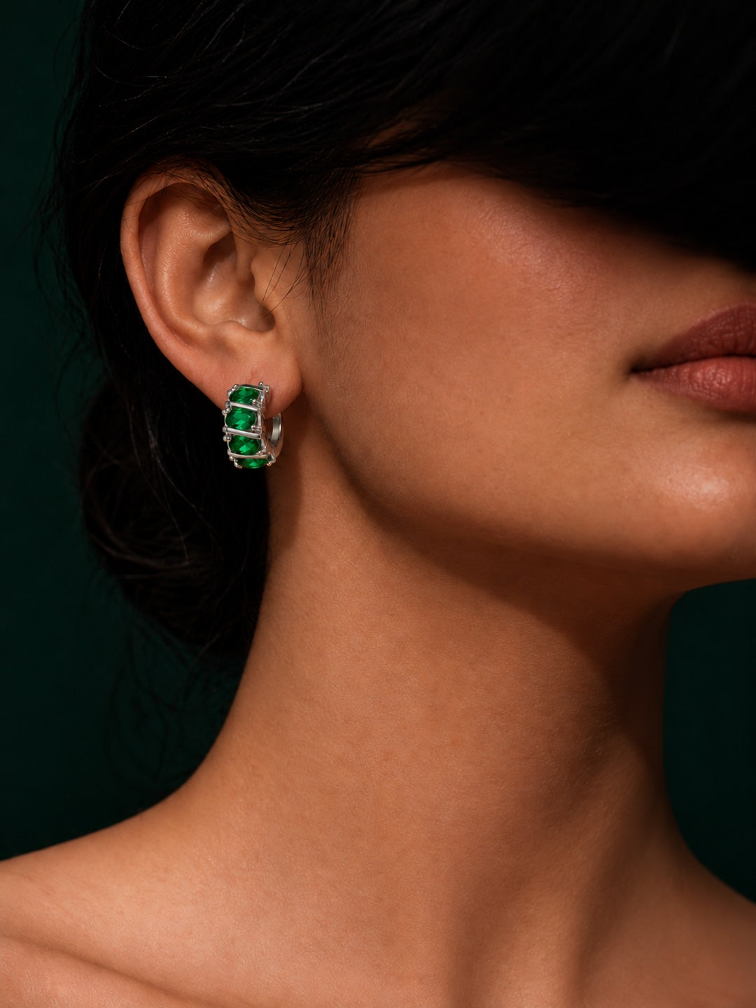 Niska green AD Stone Silver Replica hoop earring on model