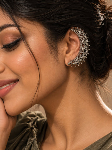 Oxidized Silver Fish Motif Crescent Ear Cuff Earrings