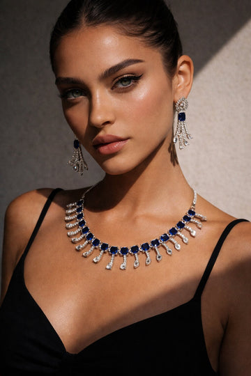 Niska Rhodium-Plated Brass Blue Sapphire & White Cubic Zirconia Studded Necklace Set (Copy)