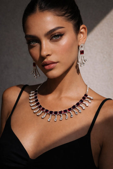 Niska Rhodium-Plated Brass Red Cubic Zirconia Studded Necklace Set