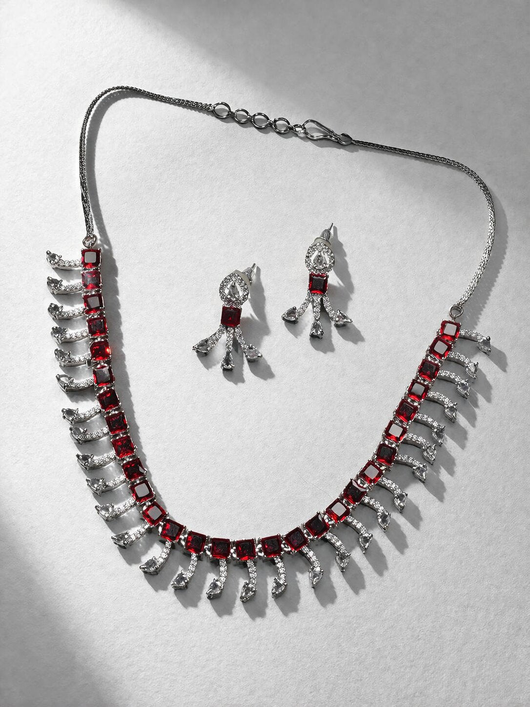 Niska Rhodium-Plated Brass Red Cubic Zirconia Studded Necklace Set