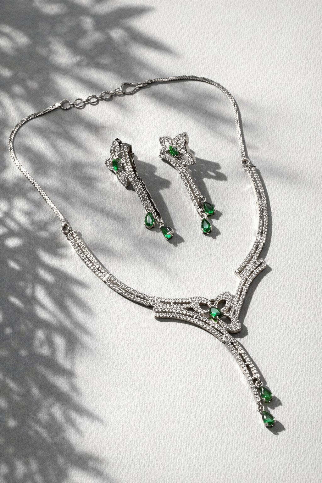 Niska Rhodium-Plated Brass Green Sapphire & White Cubic Zirconia Studded Necklace Set (Copy)