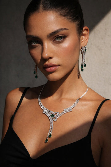 Niska Rhodium-Plated Brass Green Sapphire & White Cubic Zirconia Studded Necklace Set (Copy)