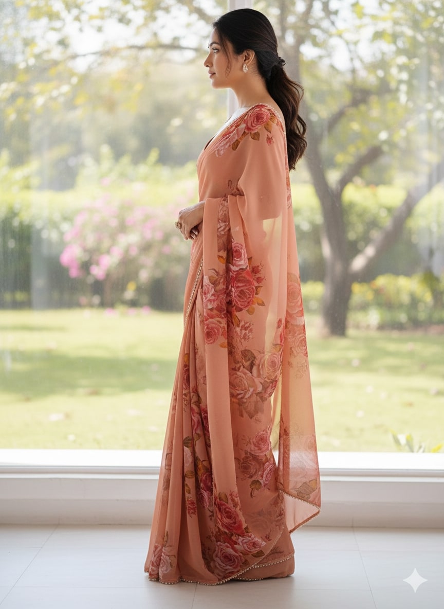 Orange Party Wear Georgette Printed Sarees