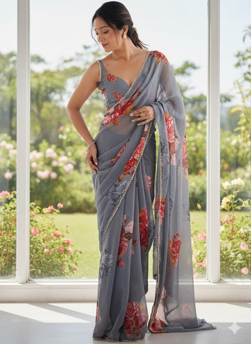 Grey Party Wear Georgette Printed Sarees
