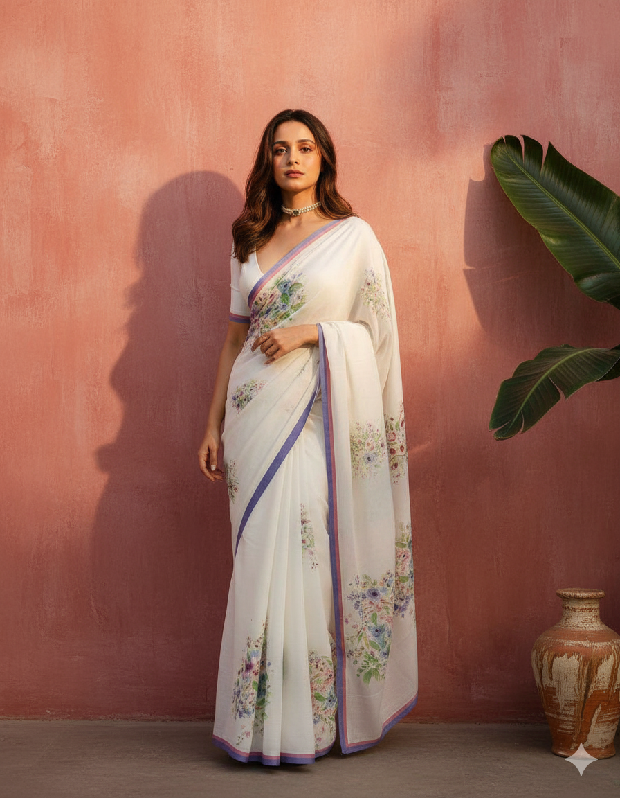 Bollywood  Inspierd Printed Sarees White Sarees