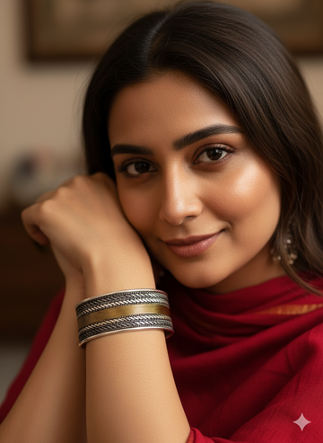 Shreya Embossed Glden & Silver Oxidized Bracelet Cuff