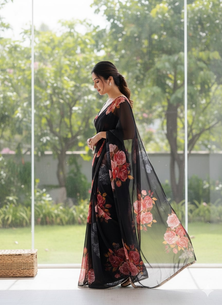 Black Party Wear Georgette Printed Sarees