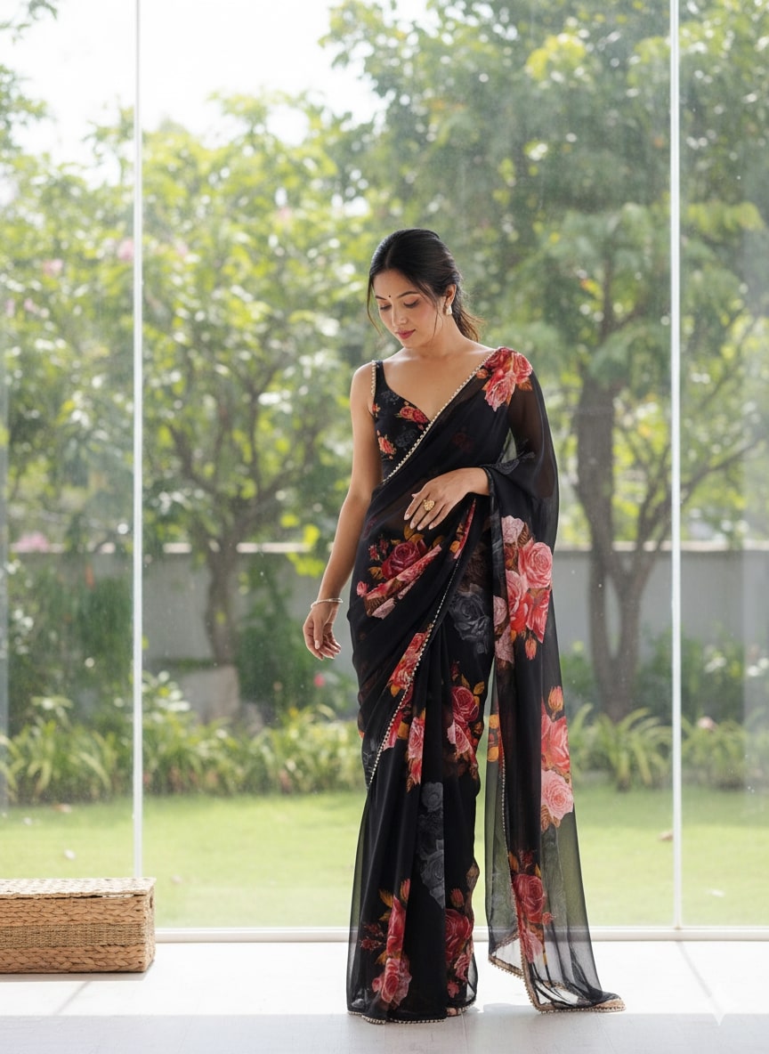 Black Party Wear Georgette Printed Sarees