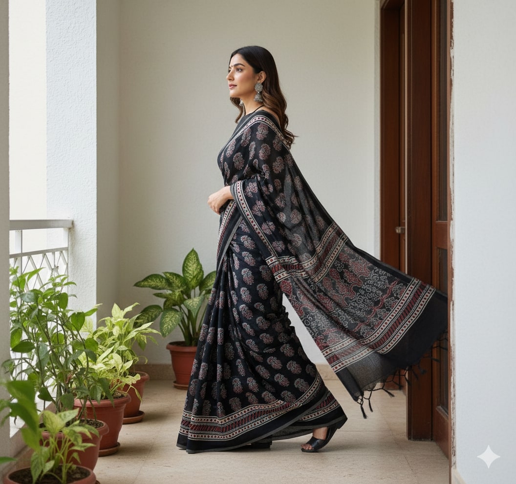 Everyday Bloom – Cotton Ajrakh Printed Saree
