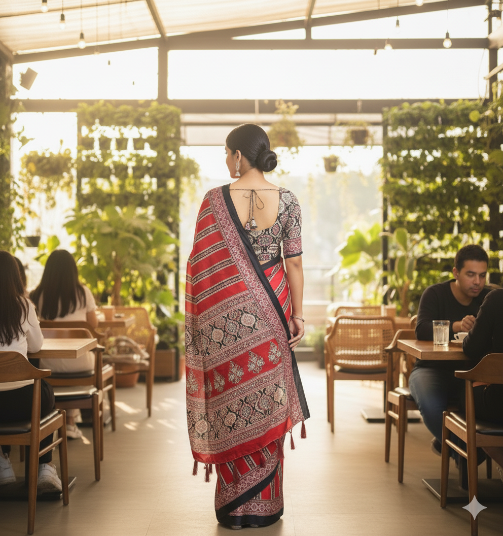 Ajrakh Print Satin Silk Saree