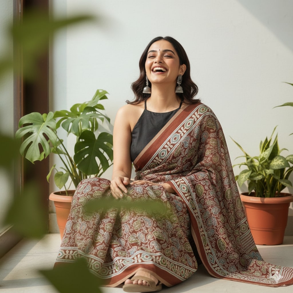 Everyday Bloom – Cotton Ajrakh Printed Saree