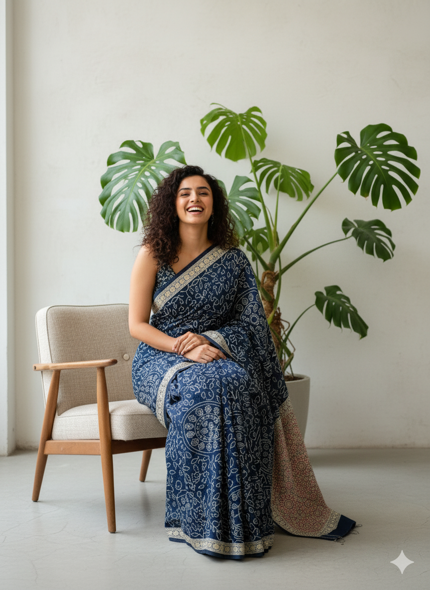 Ajrakh Symphony – Handcrafted Silk Drape Blue