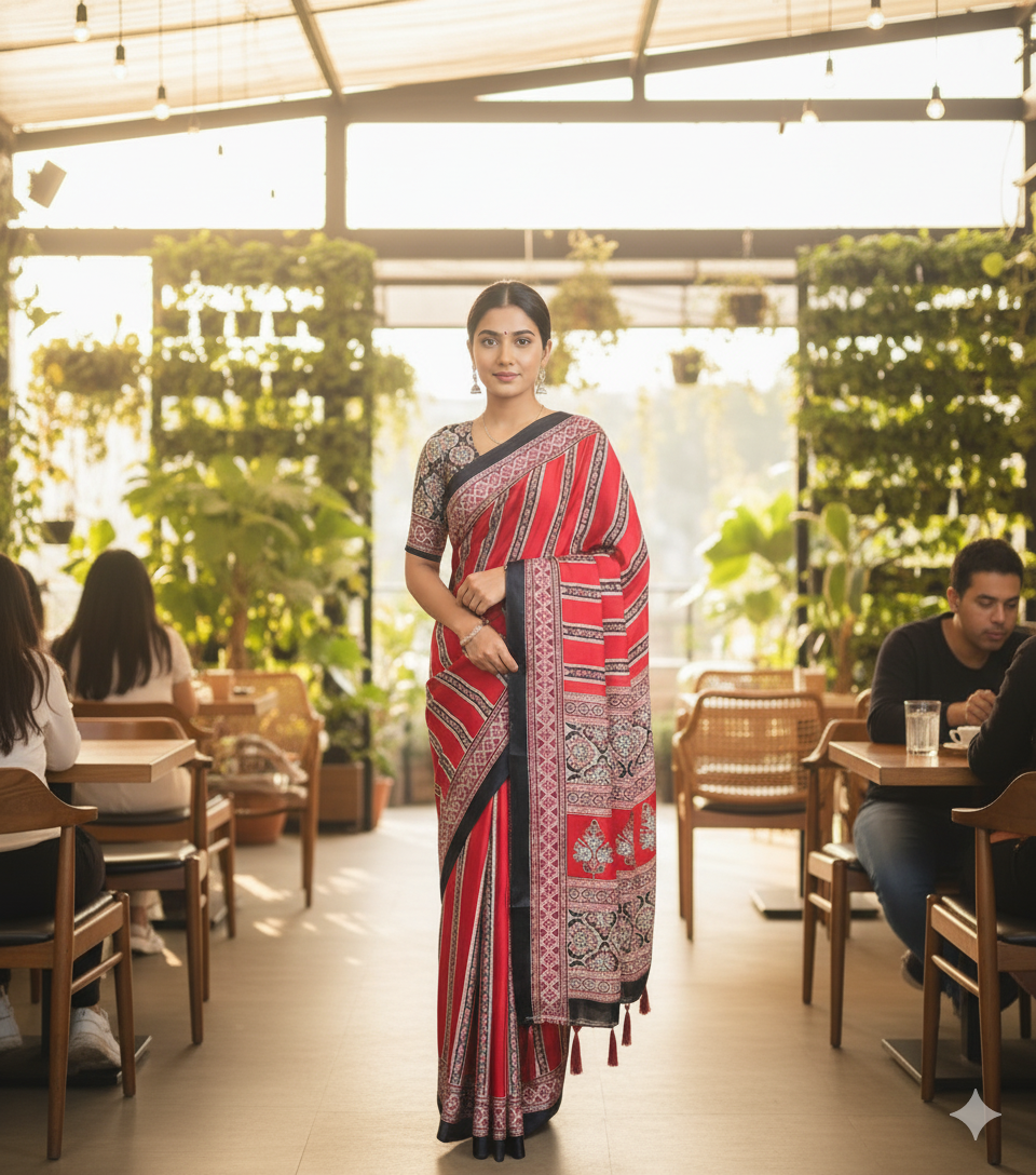 Ajrakh Print Satin Silk Saree