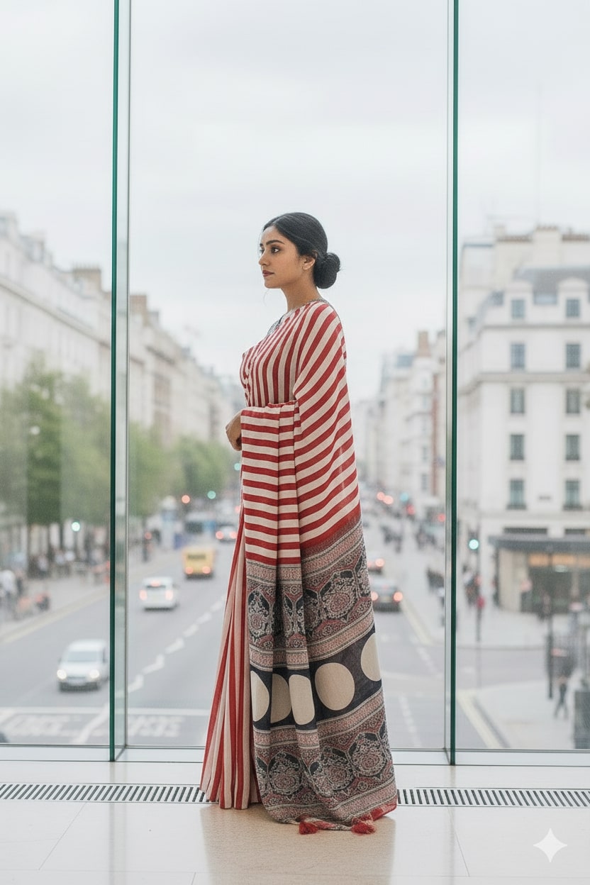 Red & Black Ajrakh Print Satin Saree