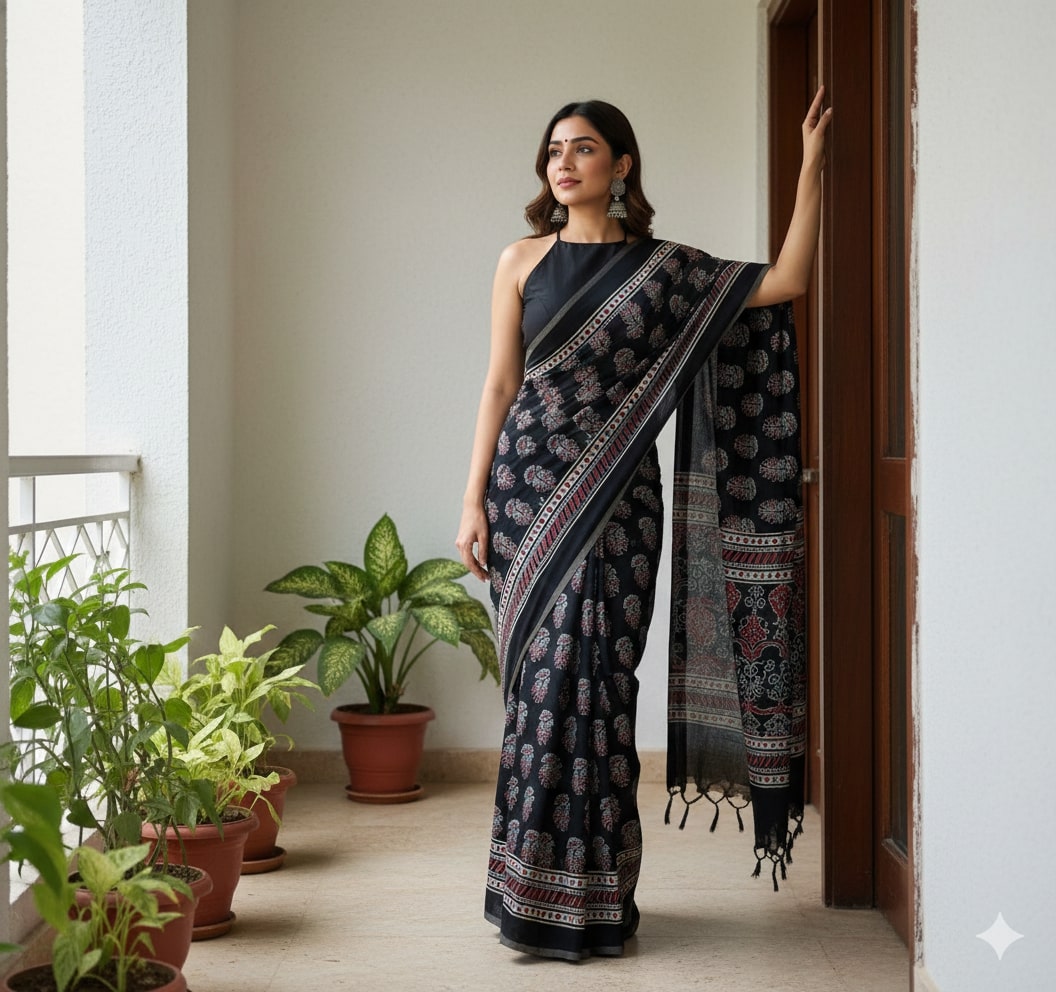 Everyday Bloom – Cotton Ajrakh Printed Saree