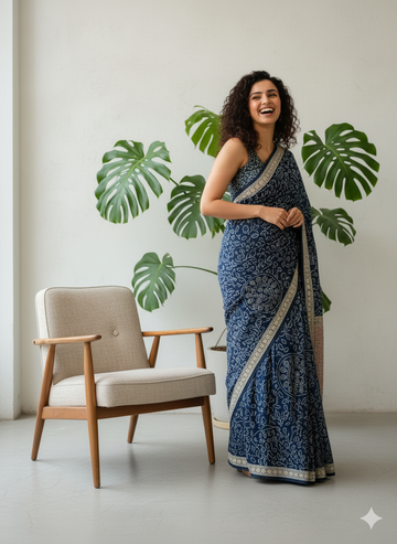 Ajrakh Symphony – Handcrafted Silk Drape Blue