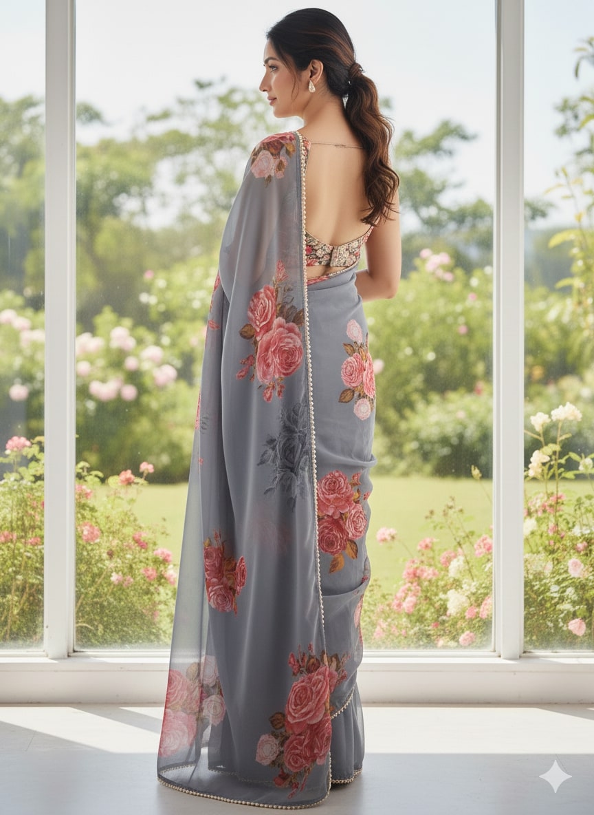 Grey Party Wear Georgette Printed Sarees