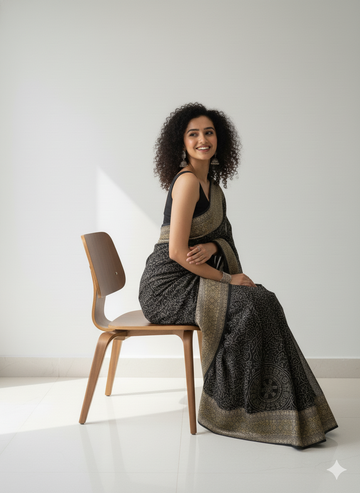 Ajrakh Symphony – Handcrafted Silk Drape Black