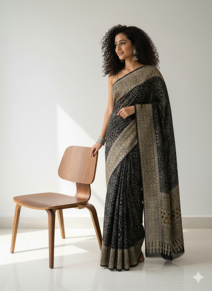 Ajrakh Symphony – Handcrafted Silk Drape Black