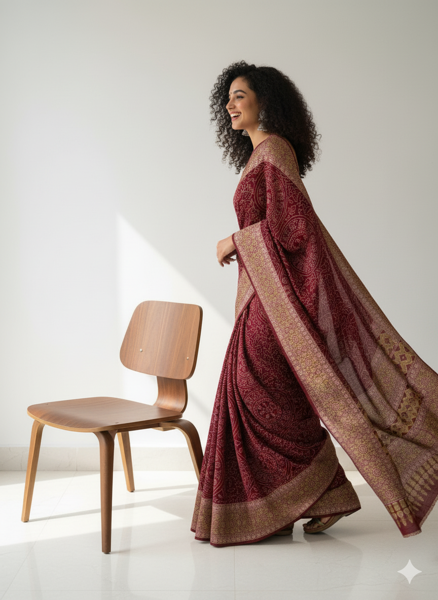 Ajrakh Symphony – Handcrafted Silk Drape Red