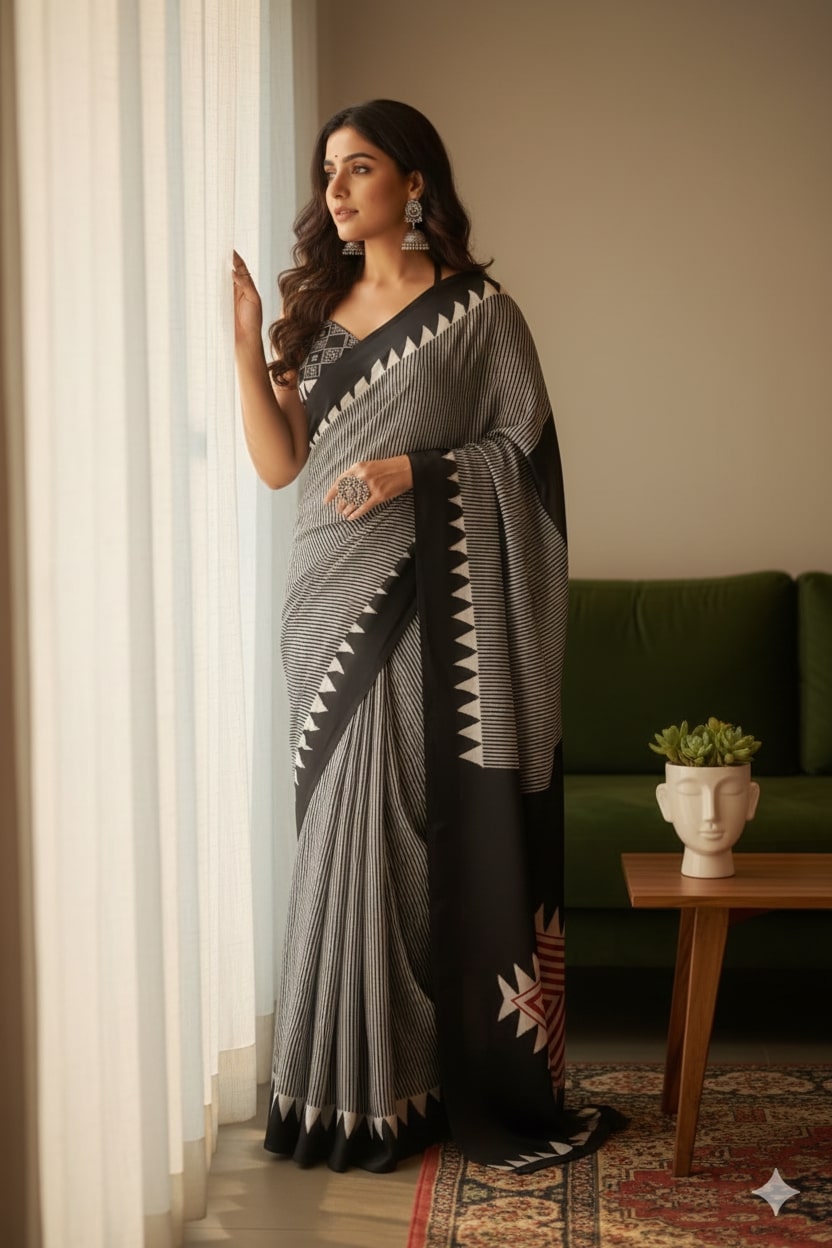 Ajrakh Print Silk Saree