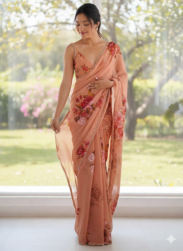 Orange Party Wear Georgette Printed Sarees