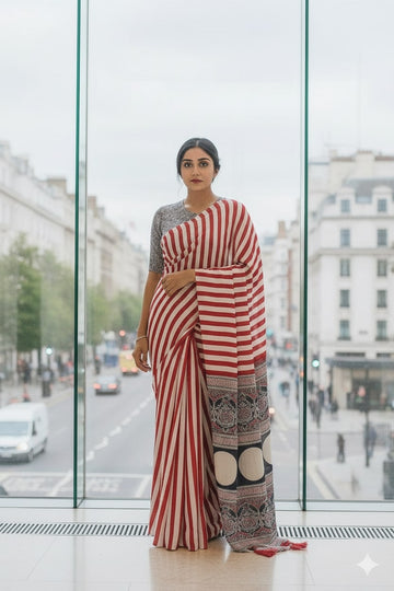 Red & Black Ajrakh Print Satin Saree