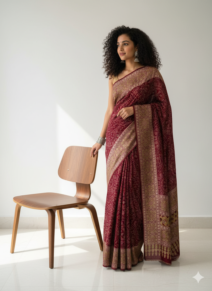 Ajrakh Symphony – Handcrafted Silk Drape Red