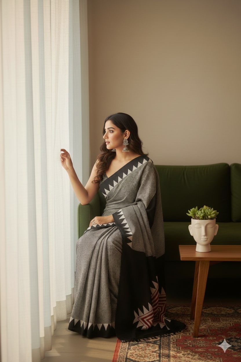 Ajrakh Print Silk Saree