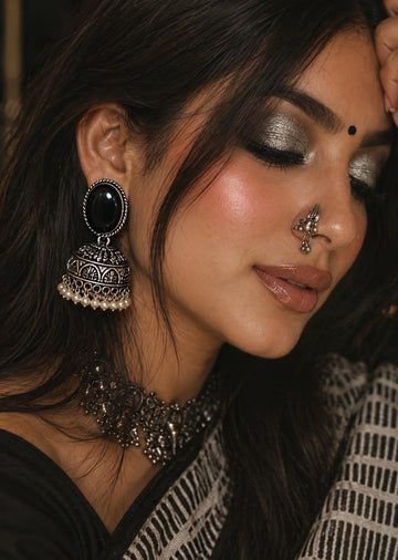 Monalisa Stone Silver Replica Oxidized Jhumka Earrings