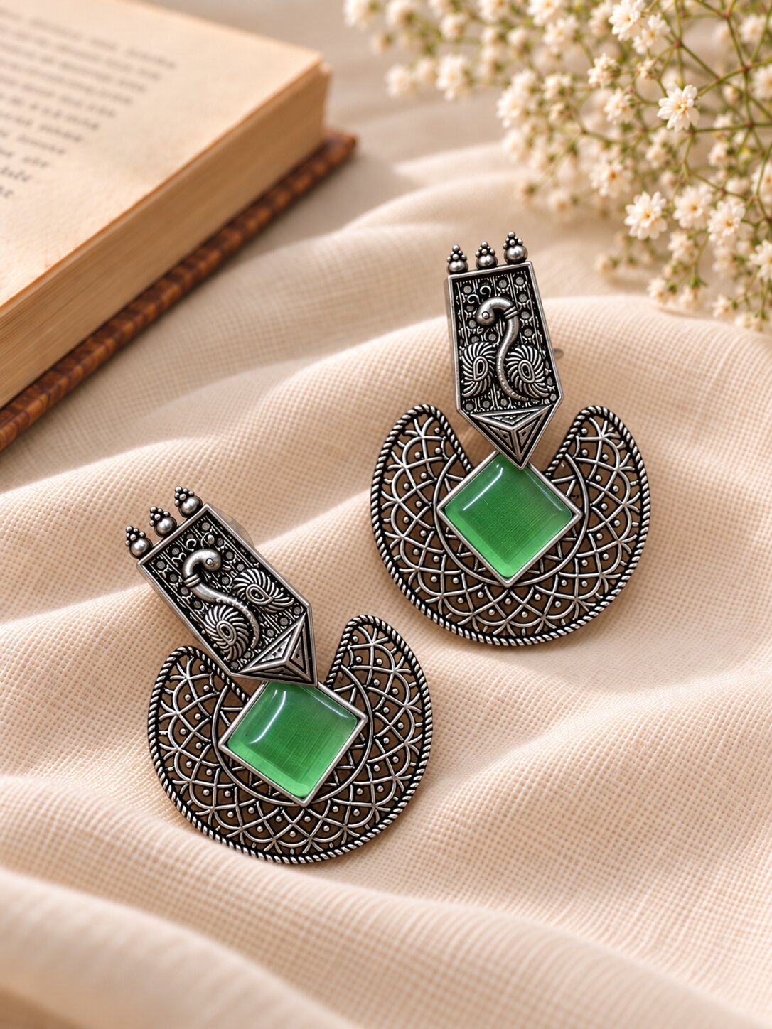 Green Stone Peacock Silver-Tone Earrings