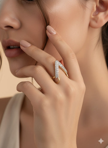 Rhodium-Plated Emerald White CubicZirconia Studded Adjustable Cocktail Ring