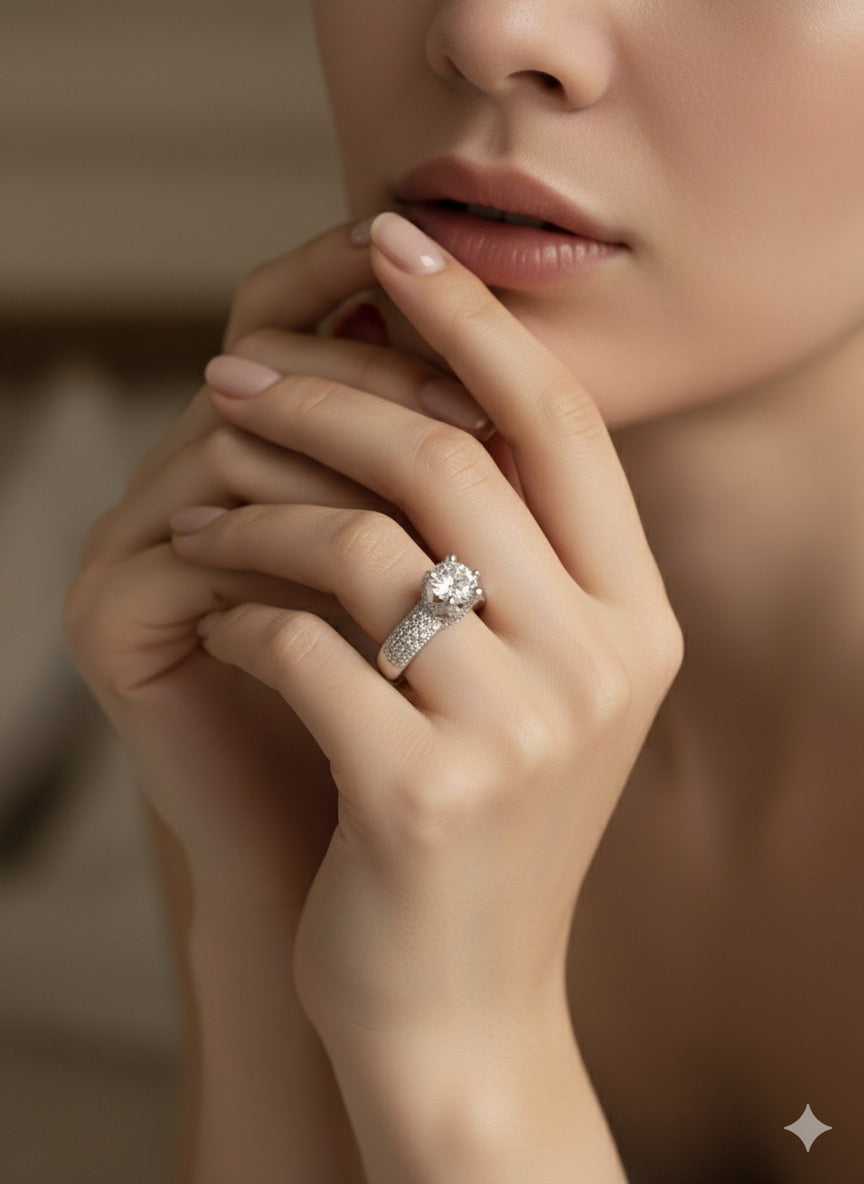 Rhodium-Plated Emerald White CubicZirconia Studded Adjustable Cocktail Ring