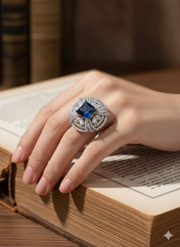 Niska Rhodium-Plated Blue & Cubic Zirconia Studded Openable Floral Statement Ring