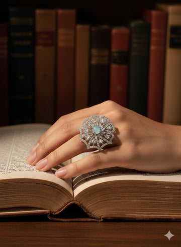 Niska Rhodium-Plated Sea Green & Cubic Zirconia Studded Openable Floral Statement Ring (Copy)