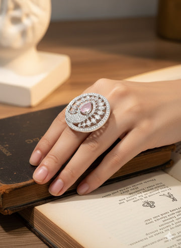 Niska Rhodium-Plated Pink & Cubic Zirconia Studded Openable Floral Statement Ring