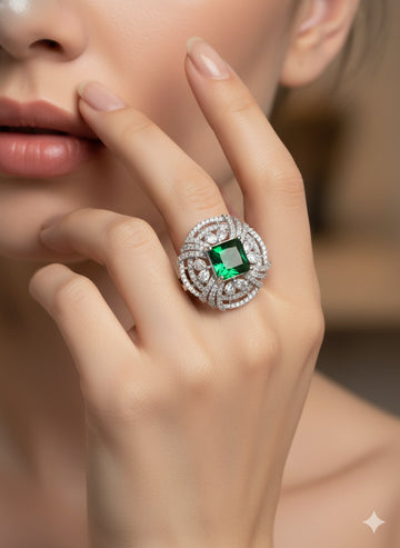Rhodium-Plated Green AD & White Cubic Zirconia Studded Adjustable Finger Ring