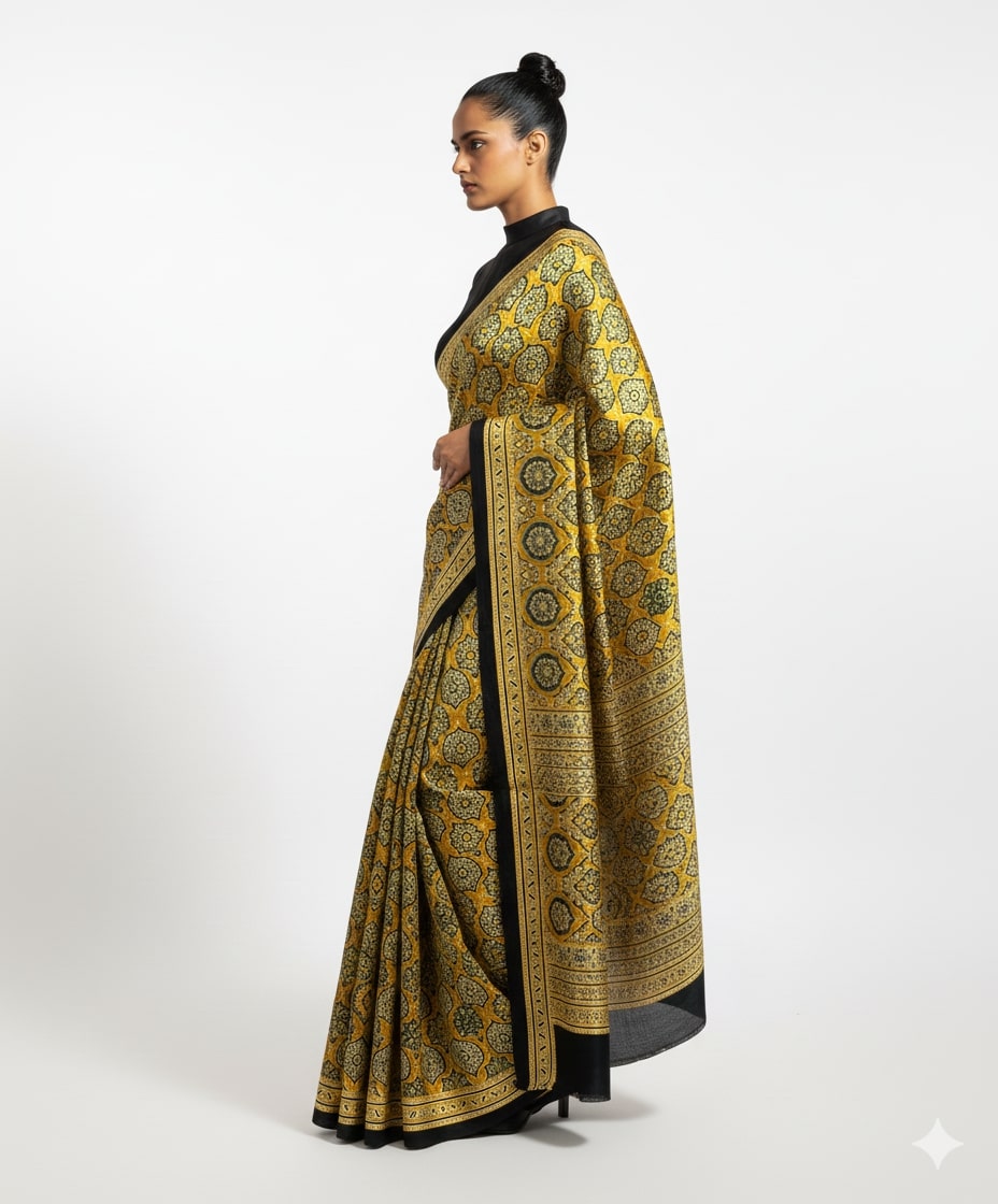 Niska Mustard Noir Ajrakh Print Modal Saree