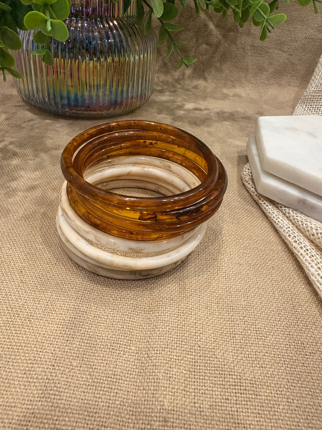 White & Brown Retro Solid Acrylic Bangle Pack of 8