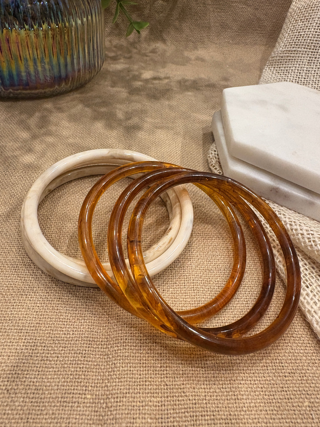 White & Brown Retro Solid Acrylic Bangle Pack of 6