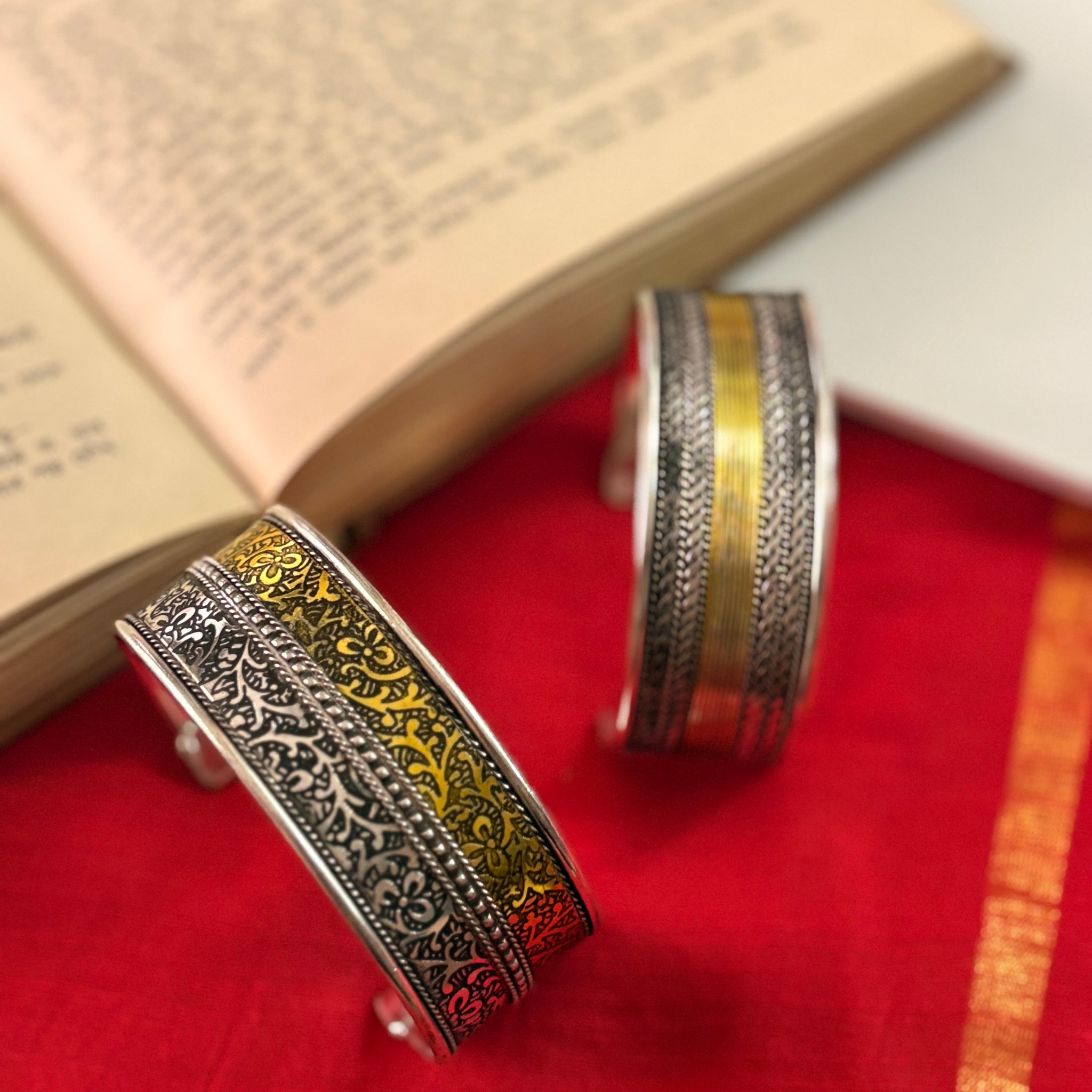 Chaya Floral Embossed Silver Oxidized Bracelet Cuff Pack of Two